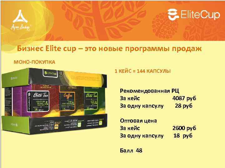 Бизнес Elite cup – это новые программы продаж МОНО-ПОКУПКА 1 КЕЙС = 144 КАПСУЛЫ