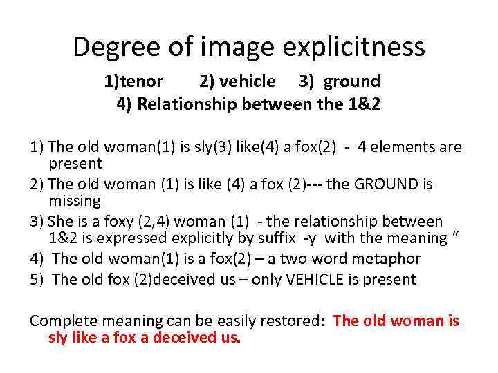 Degree of image explicitness 1)tenor 2) vehicle 3) ground 4) Relationship between the 1&2