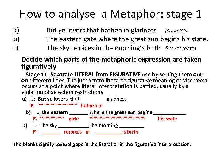 How to analyse a Metaphor: stage 1 a) But ye lovers that bathen in