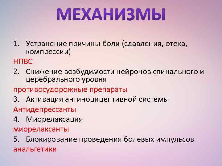 1. Устранение причины боли (сдавления, отека, компрессии) НПВС 2. Снижение возбудимости нейронов спинального и