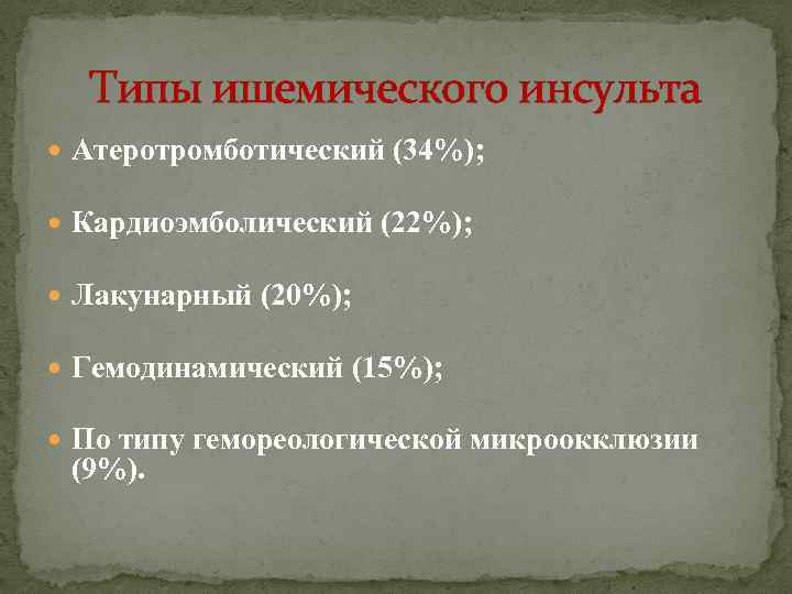 Типы ишемического инсульта Атеротромботический (34%); Кардиоэмболический (22%); Лакунарный (20%); Гемодинамический (15%); По типу гемореологической