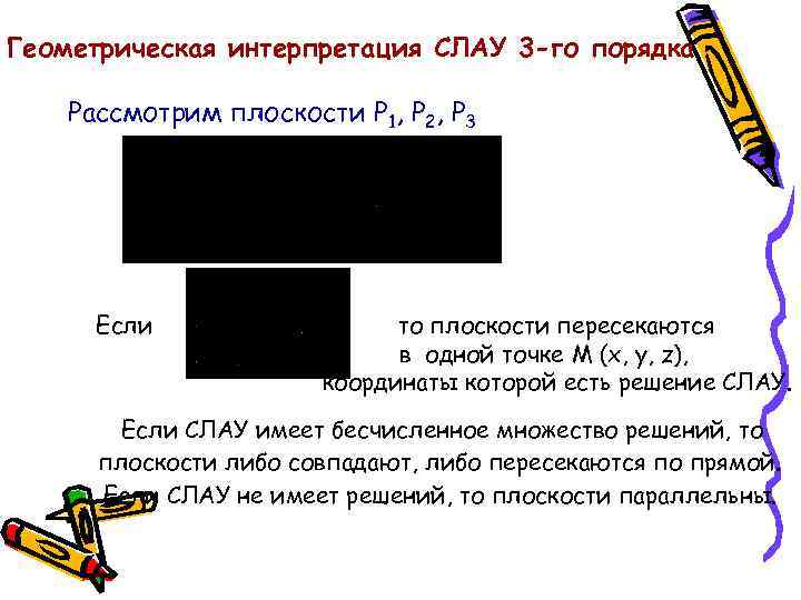 Геометрическая интерпретация СЛАУ 3 -го порядка Рассмотрим плоскости P 1, P 2, P 3