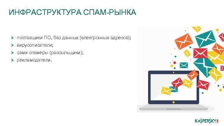 ИНФРАСТРУКТУРА СПАМ-РЫНКА поставщики ПО, баз данных (электронных адресов); вирусописатели; сами спамеры (рассыльщики); рекламодатели. 