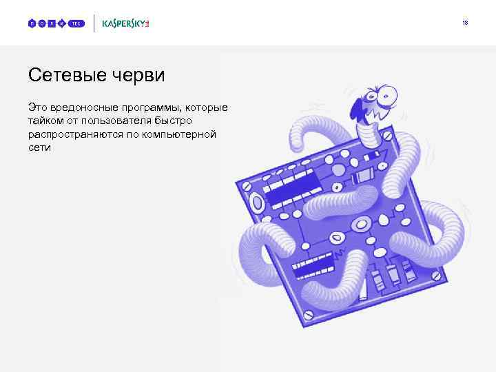 18 Сетевые черви Это вредоносные программы, которые тайком от пользователя быстро распространяются по компьютерной
