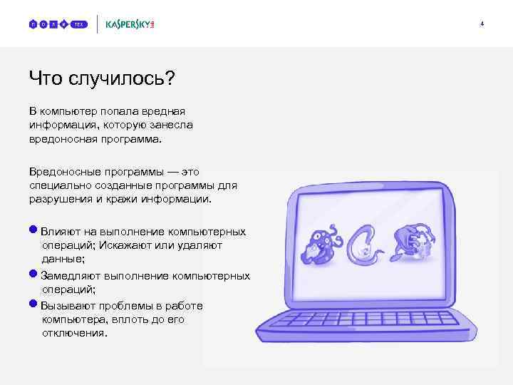 4 Что случилось? В компьютер попала вредная информация, которую занесла вредоносная программа. Вредоносные программы