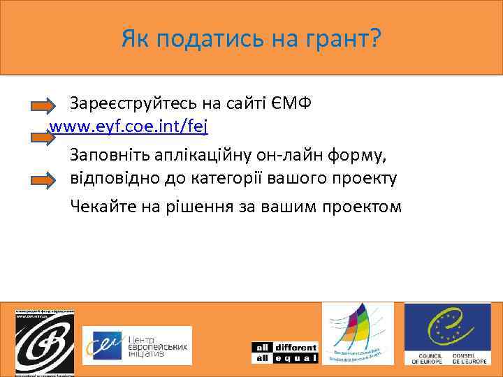 Як податись на грант? Зареєструйтесь на сайті ЄМФ www. eyf. coe. int/fej Заповніть аплікаційну