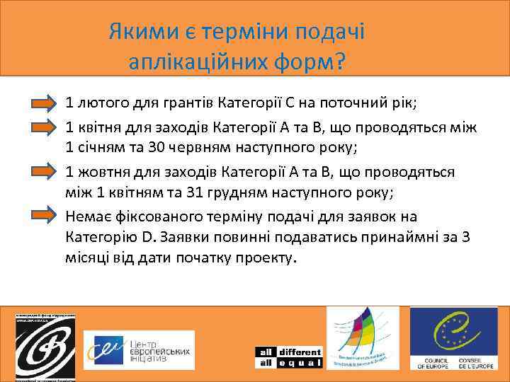 Якими є терміни подачі аплікаційних форм? 1 лютого для грантів Категорії С на поточний