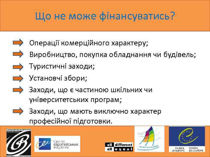 Що не може фінансуватись? Операції комерційного характеру; Виробництво, покупка обладнання чи будівель; Туристичні заходи;