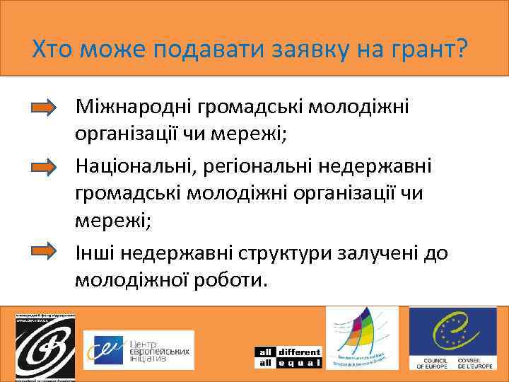 Хто може подавати заявку на грант? Міжнародні громадські молодіжні організації чи мережі; Національні, регіональні