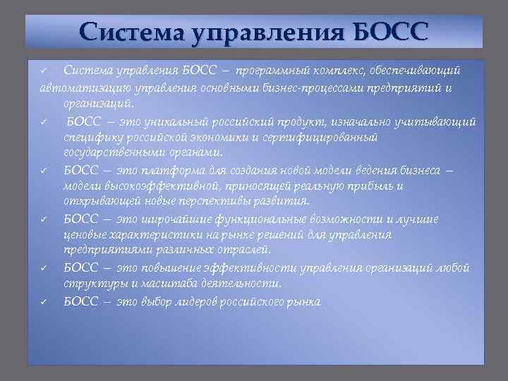 Система управления БОСС — программный комплекс, обеспечивающий автоматизацию управления основными бизнес-процессами предприятий и организаций.