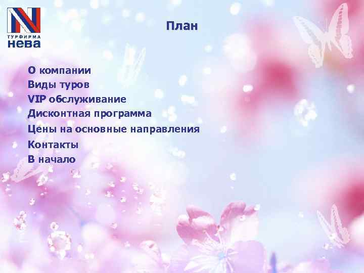 План О компании Виды туров VIP обслуживание Дисконтная программа Цены на основные направления Контакты