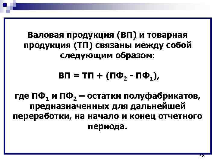 Валовая продукция (ВП) и товарная продукция (ТП) связаны между собой следующим образом: ВП =