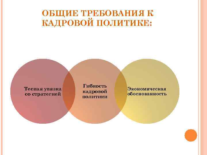 ОБЩИЕ ТРЕБОВАНИЯ К КАДРОВОЙ ПОЛИТИКЕ: Тесная увязка со стратегией Гибкость кадровой политики Экономическая обоснованность