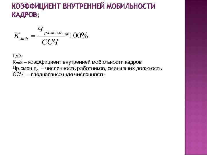 КОЭФФИЦИЕНТ ВНУТРЕННЕЙ МОБИЛЬНОСТИ КАДРОВ Где, Кмоб. – коэффициент внутренней мобильности кадров Чр. смен. д.