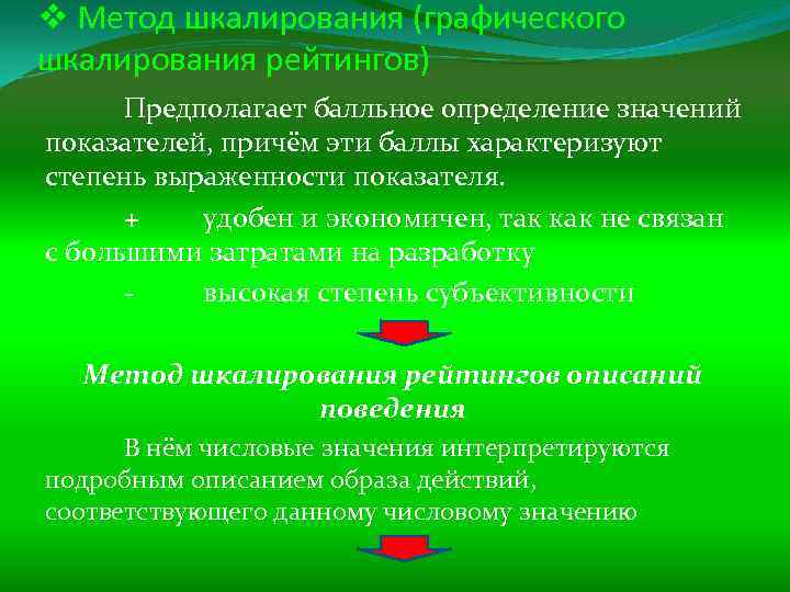 v Метод шкалирования (графического шкалирования рейтингов) Предполагает балльное определение значений показателей, причём эти баллы