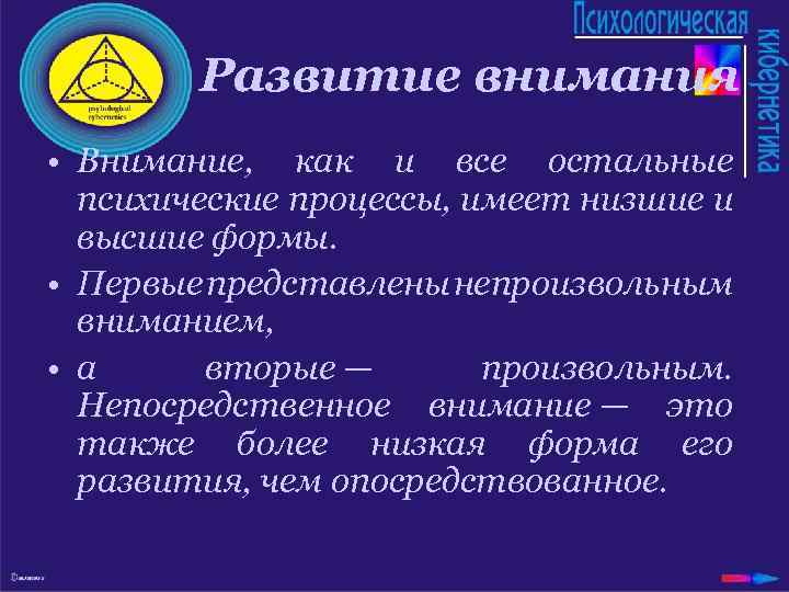 Развитие внимания • Внимание, как и все остальные психические процессы, имеет низшие и высшие