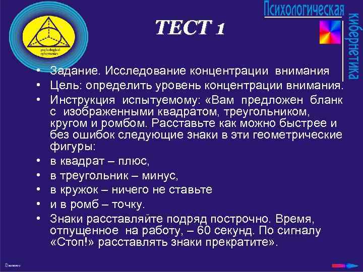 ТЕСТ 1 • Задание. Исследование концентрации внимания • Цель: определить уровень концентрации внимания. •