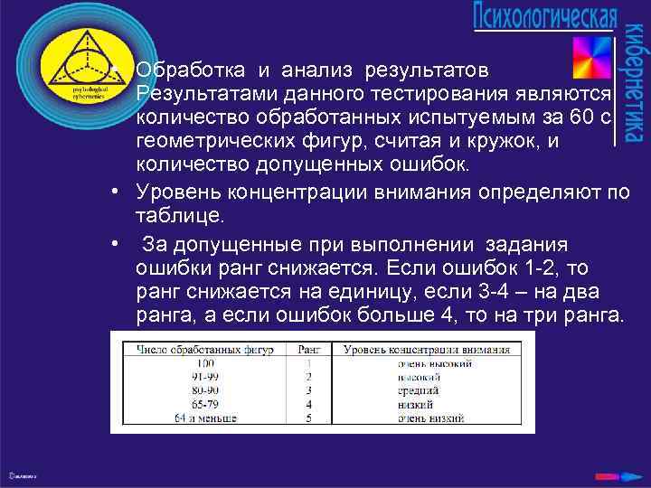  • Обработка и анализ результатов Результатами данного тестирования являются: количество обработанных испытуемым за