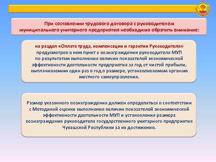 При составлении трудового договора с руководителем муниципального унитарного предприятия необходимо обратить внимание: на раздел