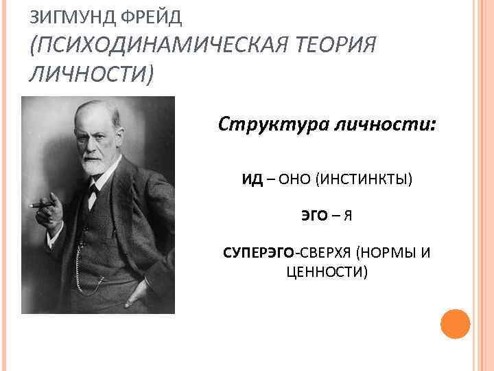 ЗИГМУНД ФРЕЙД (ПСИХОДИНАМИЧЕСКАЯ ТЕОРИЯ ЛИЧНОСТИ) Структура личности: ИД – ОНО (ИНСТИНКТЫ) ЭГО – Я