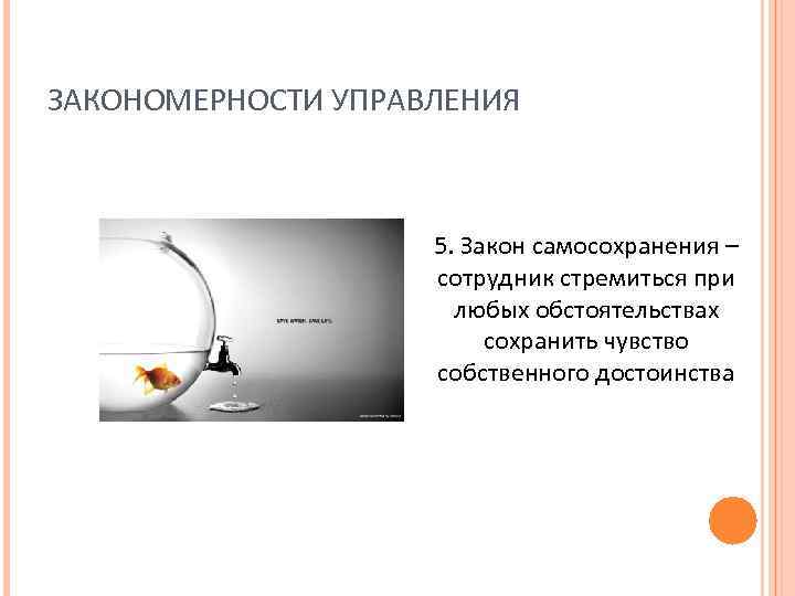 ЗАКОНОМЕРНОСТИ УПРАВЛЕНИЯ 5. Закон самосохранения – сотрудник стремиться при любых обстоятельствах сохранить чувство собственного