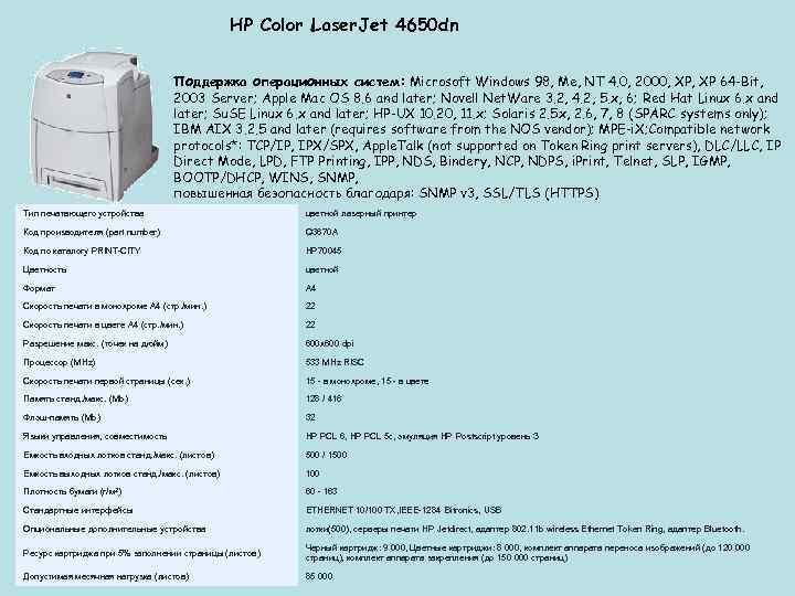 HP Color Laser. Jet 4650 dn Поддержка операционных систем: Microsoft Windows 98, Me, NT