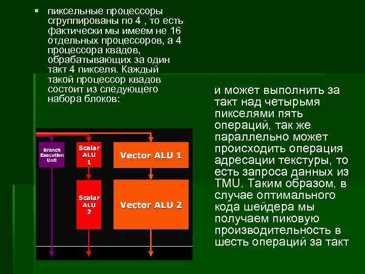 § пиксельные процессоры сгруппированы по 4 , то есть фактически мы имеем не 16
