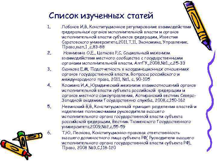 Список изученных статей 1. 2. 3. 4. 5. 6. Лобанов И. В. Конституционное регулирование