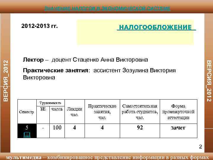 ЗНАЧЕНИЕ НАЛОГОВ В ЭКОНОМИЧЕСКОЙ СИСТЕМЕ НАЛОГООБЛОЖЕНИЕ Лектор – доцент Стаценко Анна Викторовна ВЕРСИЯ_2012 -2013