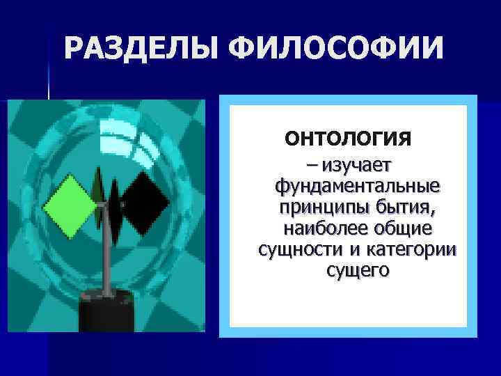 РАЗДЕЛЫ ФИЛОСОФИИ ОНТОЛОГИЯ – изучает фундаментальные принципы бытия, наиболее общие сущности и категории сущего