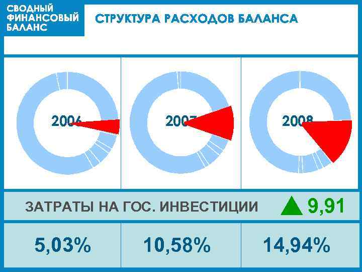 2006 2007 ЗАТРАТЫ НА ГОС. ИНВЕСТИЦИИ 5, 03% 10, 58% 2008 9, 91 14,