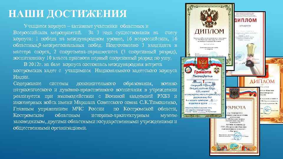 НАШИ ДОСТИЖЕНИЯ Учащиеся корпуса – активные участники областных и Всероссийских мероприятий. За 3 года