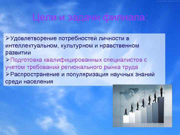 Цели и задачи филиала: ØУдовлетворение потребностей личности в интеллектуальном, культурном и нравственном развитии ØПодготовка