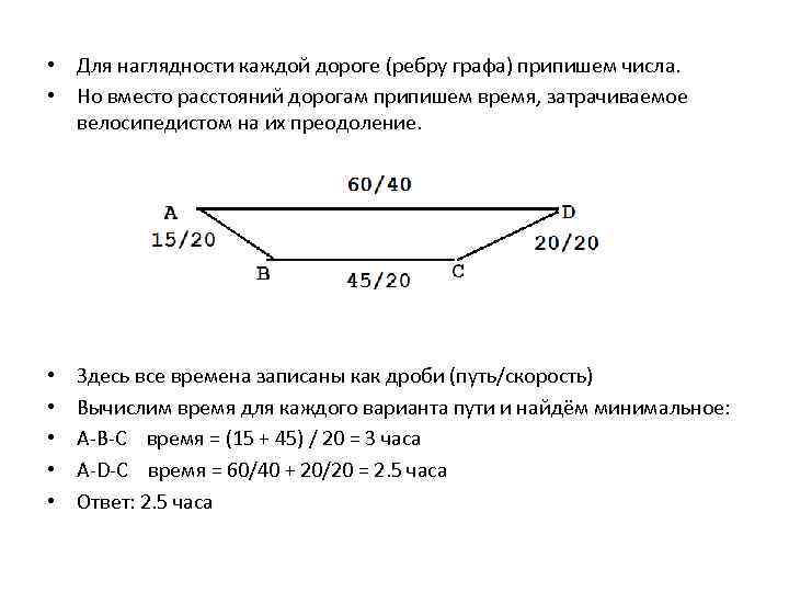  • Для наглядности каждой дороге (ребру графа) припишем числа. • Но вместо расстояний