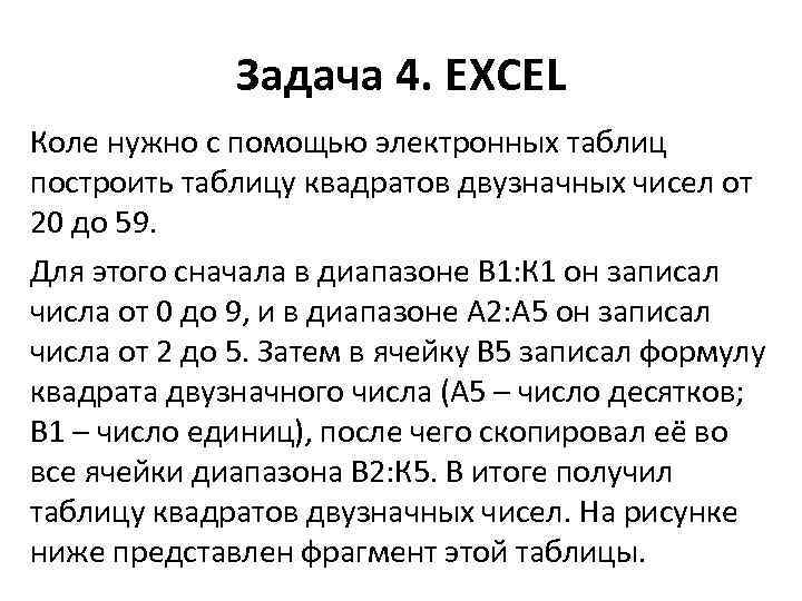 Задача 4. EXCEL Коле нужно с помощью электронных таблиц построить таблицу квадратов двузначных чисел