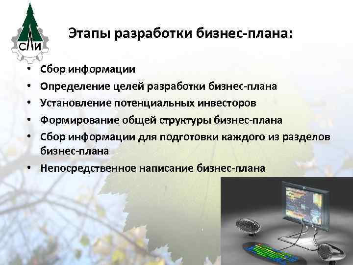 Этапы разработки бизнес-плана: Сбор информации Определение целей разработки бизнес-плана Установление потенциальных инвесторов Формирование общей