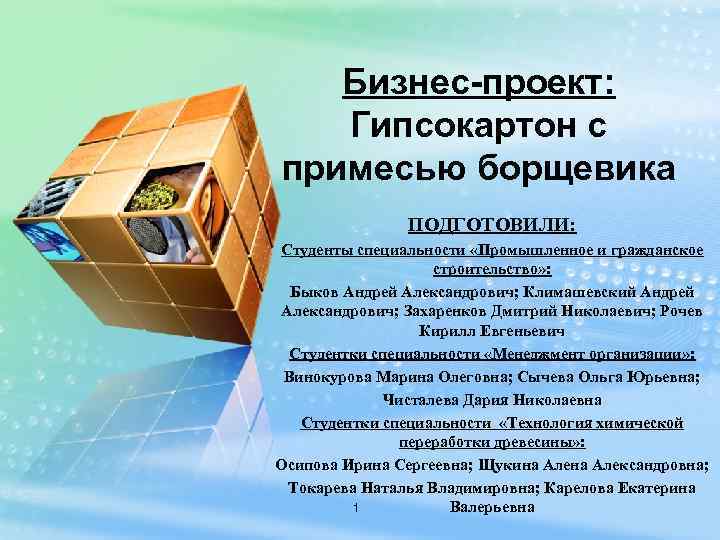 Бизнес-проект: Гипсокартон с примесью борщевика ПОДГОТОВИЛИ: Студенты специальности «Промышленное и гражданское строительство» : Быков