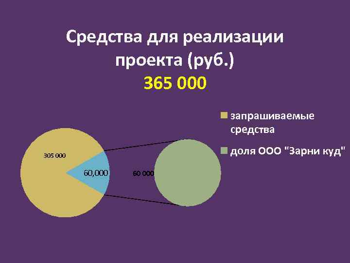 Средства для реализации проекта (руб. ) 365 000 запрашиваемые средства доля ООО "Зарни куд"