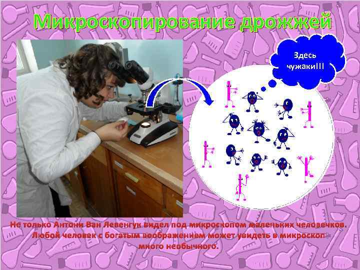 Микроcкопирование дрожжей Здесь чужаки!!! Не только Антони Ван Левенгук видел под микроскопом маленьких человечков.