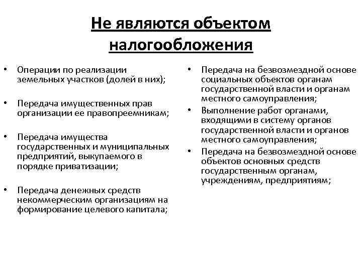 Не являются объектом налогообложения • Операции по реализации земельных участков (долей в них); •