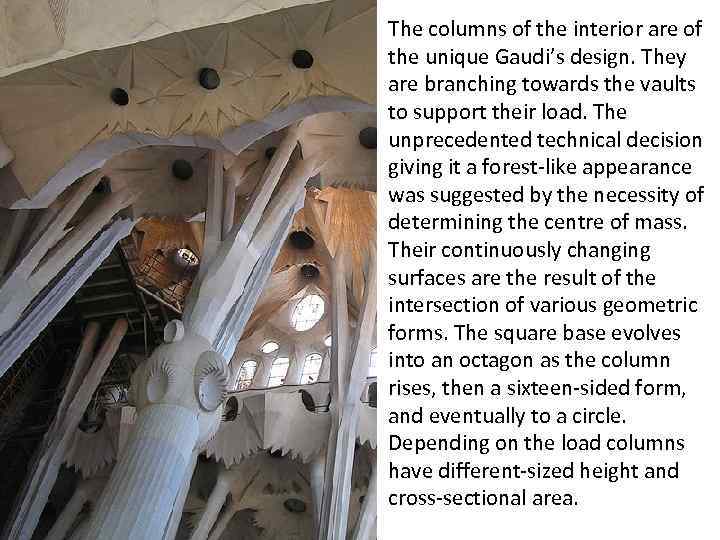 The columns of the interior are of the unique Gaudi’s design. They are branching