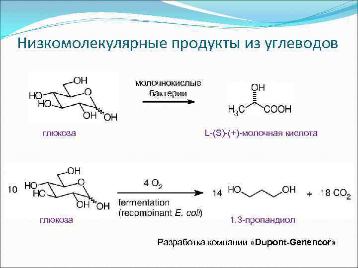 Низкомолекулярные продукты из углеводов молочнокислые бактерии глюкоза L-(S)-(+)-молочная кислота 1, 3 -пропандиол Разработка компании