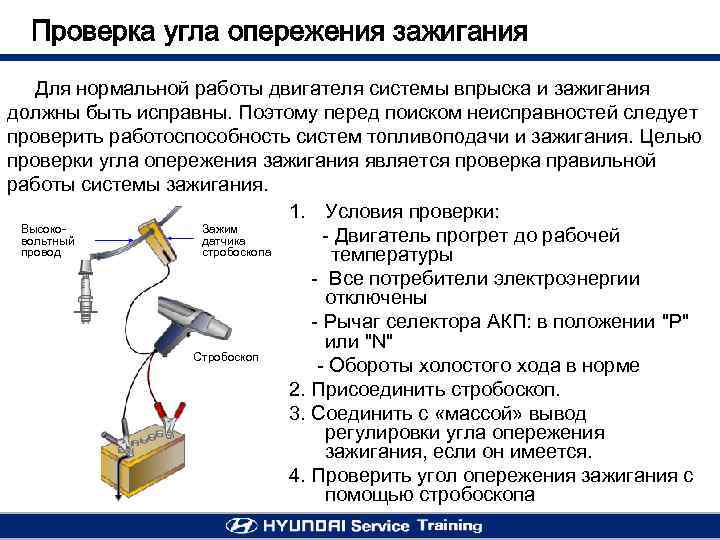 Проверка угла опережения зажигания Для нормальной работы двигателя системы впрыска и зажигания должны быть