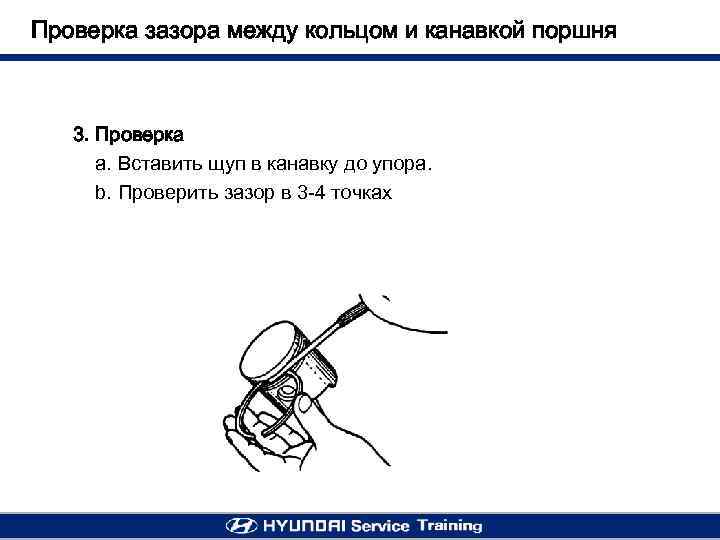 Проверка зазора между кольцом и канавкой поршня 3. Проверка a. Вставить щуп в канавку