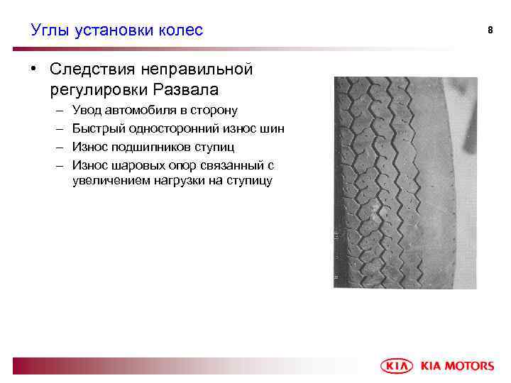 Углы установки колес • Следствия неправильной регулировки Развала – – Увод автомобиля в сторону