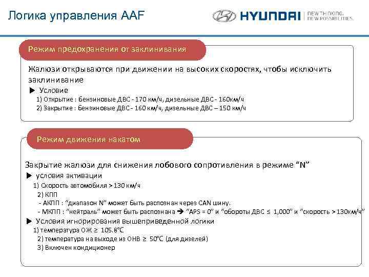 Логика управления AAF Режим предохранения от заклинивания Жалюзи открываются при движении на высоких скоростях,