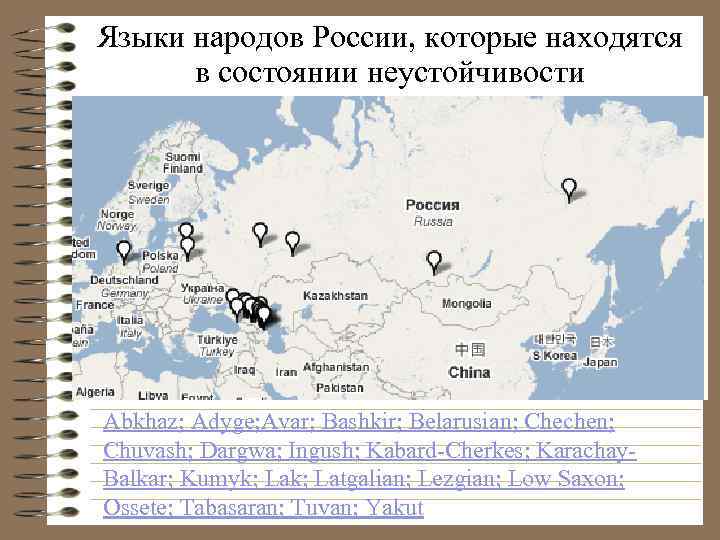 Языки народов России, которые находятся в состоянии неустойчивости Abkhaz; Adyge; Avar; Bashkir; Belarusian; Chechen;