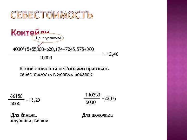 Цена упаковки 4000*15+55000+620, 174+7245, 575+380 10000 =12, 46 К этой стоимости необходимо прибавить себестоимость