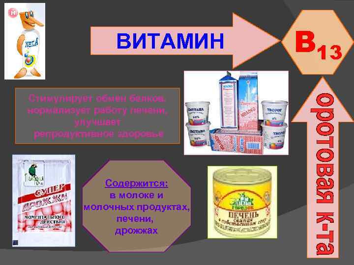 ВИТАМИН Стимулирует обмен белков, нормализует работу печени, улучшает репродуктивное здоровье Содержится: в молоке и