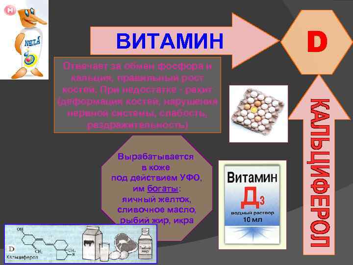 ВИТАМИН Отвечает за обмен фосфора и кальция, правильный рост костей. При недостатке - рахит
